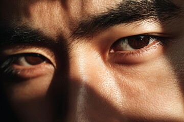 Asian man looking at half of his face in the camera under intense fashion lighting.