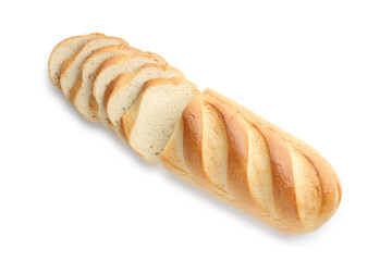 Cut loaf of bread isolated on white, top view