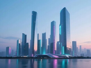 Fototapeta premium Futuristic neon lit cityscape at night with clean background