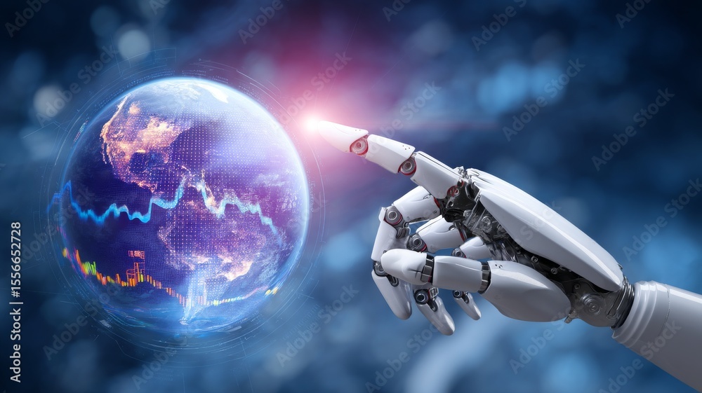 Poster robot hand pointing at screen displaying data visualization in futuristic digital environment