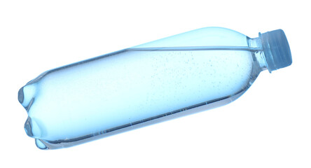 Plastic bottle with clean water in air on white background