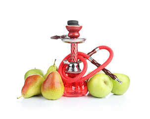 Red traditional hookah, pears and apples isolated on white