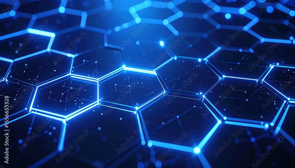 Poster futuristic digital network with interconnected glowing hexagons representing technology data and adv