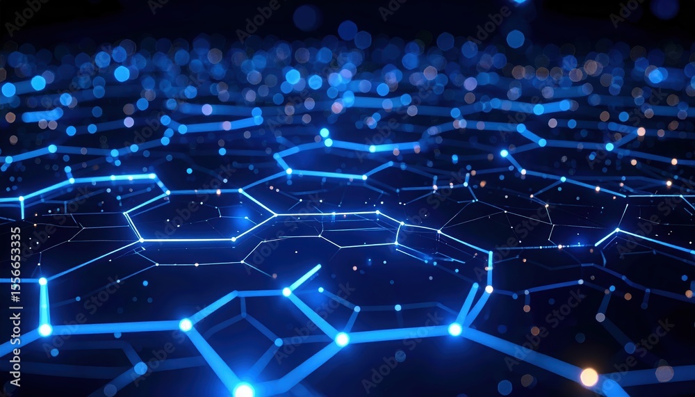 Poster abstract futuristic glowing blue hexagonal grid network with connected lines and points demonstratin