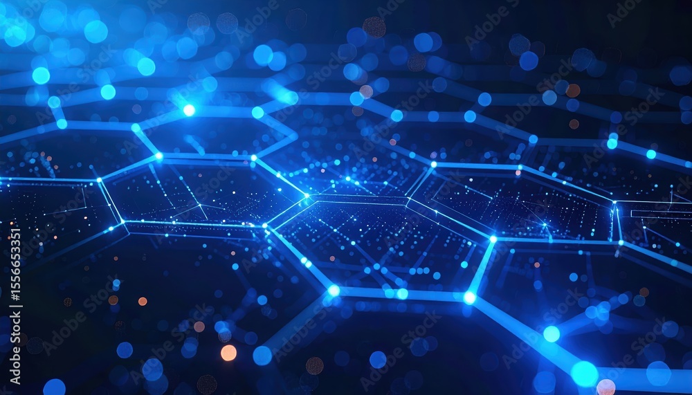 Poster abstract digital network with glowing hexagonal patterns and interconnected points representing mode