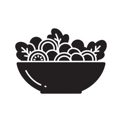 Solid glyph vector icon of a fresh vegetable salad in a bowl representing a healthy meal for a vegan diet and organic food nutrition