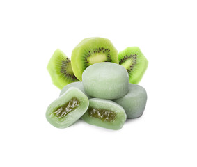 Yummy mochi and fresh kiwi fruits on white background