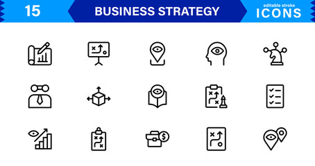Business Strategy Icon Set Representing Growth, Planning, Success, Analytics, and Leadership in a Clean, Professional, and Market-Ready Vector Style