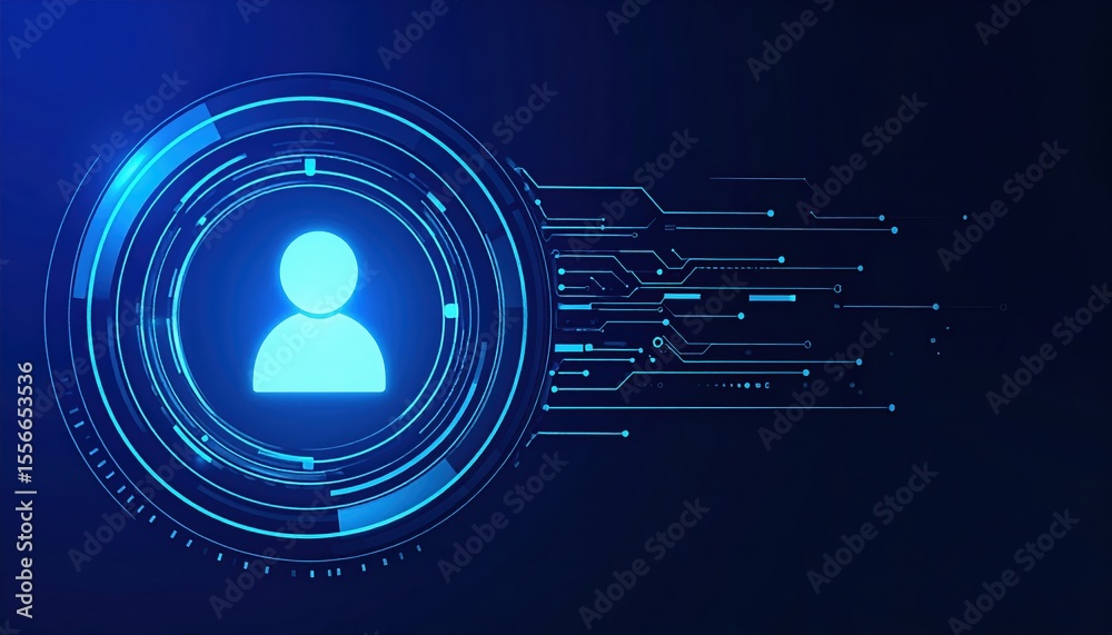 Poster digital user interface with glowing profile icon surrounded by technological data and connection lin