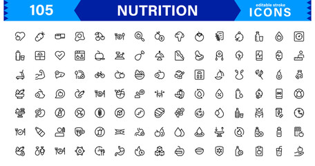 Nutrition Icon Set Featuring Healthy Food, Diet, Vitamins, Wellness, and Fitness in a Clean, Minimalist, and SEO-Optimized Vector Style
