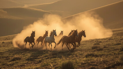 Wild horses silhouetted against a desert sunset landscape