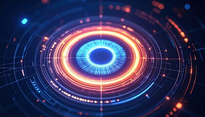 Obraz premium Futuristic digital interface with glowing concentric circles and holographic elements in vibrant blue orange and red tones, representing advanced technology and data visualization