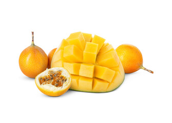 Fresh juicy mango cut in cubes and passion fruits isolated on white