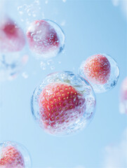 丸い水滴の中に入ったイチゴの水色背景