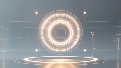 Futuristic glowing circular interface with digital elements representing technology innovation and advanced holographic display in a modern high-tech environment