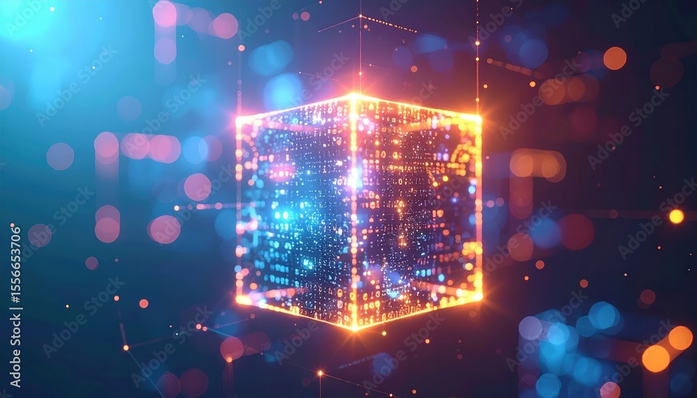 Poster digital cube with glowing lights and data particles in a futuristic technology scene for innovation 