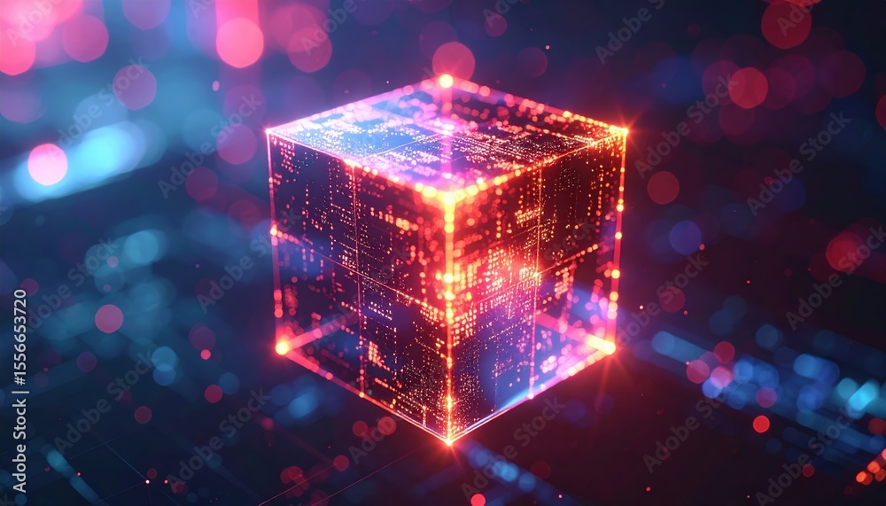 Poster futuristic glowing digital cube with vibrant neon lights and intricate circuitry pattern representin