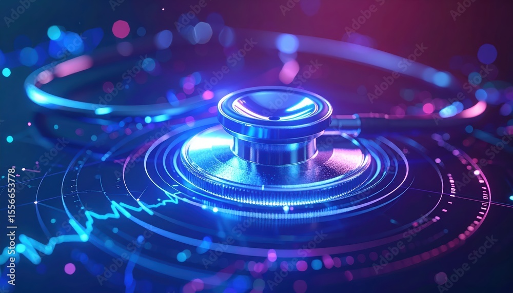 Poster futuristic digital interface with holographic elements and glowing circular patterns representing ad