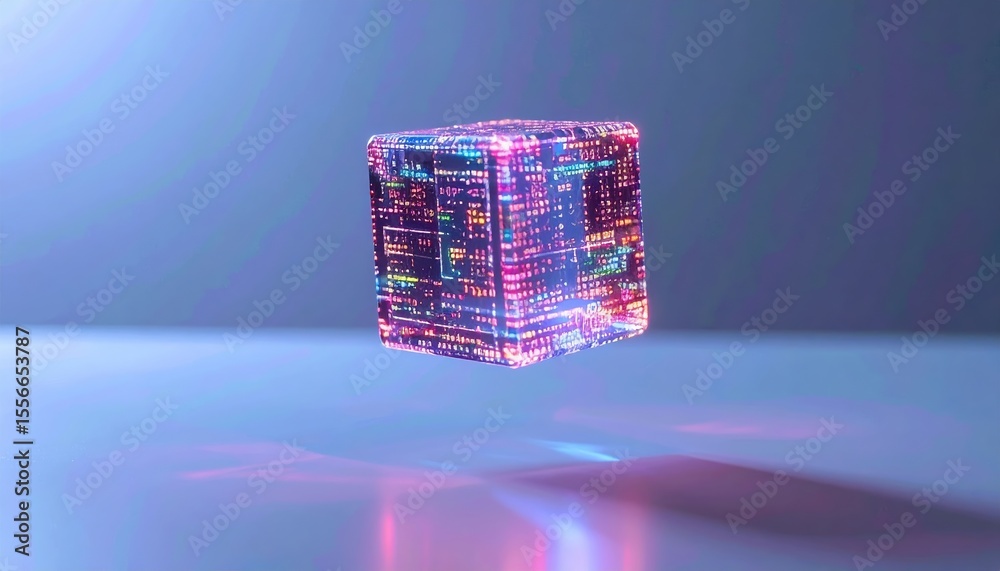 Poster futuristic holographic transparent cube with colorful digital light patterns floating in a sleek mod