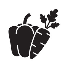 Solid glyph vector icon of fresh vegetables with a carrot and bell pepper representing a healthy organic food for a vegetarian diet harvest