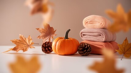 Autumnal Arrangement: Pumpkin, Pinecones, Maple Leaves and Cozy Knitted Fabrics