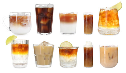 Different cold coffee drinks isolated on white, set