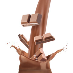 Pouring chocolate milk and flying pieces of chocolate against white background