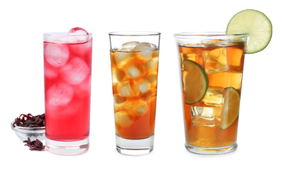 Iced tea. Different types of drinks in glasses isolated on white, set