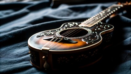 Close up of a brown and black mandolin with strings on a blue fabric background laid flat