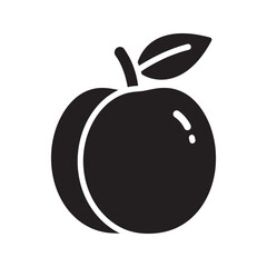 Solid glyph vector icon of a fresh peach fruit with a leaf representing a sweet summer harvest and healthy organic stone fruit nutrition