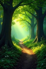 Naklejka premium Sunlit Path Winding Through Ancient Forest, Magical Atmosphere, Tranquil Nature Scene
