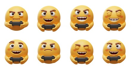Fototapeta premium Collection of yellow emoticon faces holding game controllers