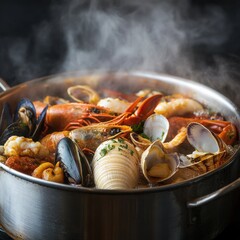 Steaming Seafood in a Pot Ready for Serving