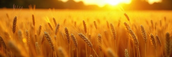 Golden hour sunlight bathes a bountiful field of ripe wheat, ready for harvest The scene evokes a sense of abundance and the culmination of a season's hard work , land, eco