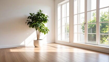 木製の床と観葉植物、窓から差し込む光が爽やかなリビング