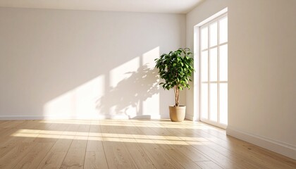 木製の床と観葉植物、窓から差し込む光が爽やかなリビング