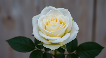 Closeup of a Single Cream Colored Rose with Green Leaves