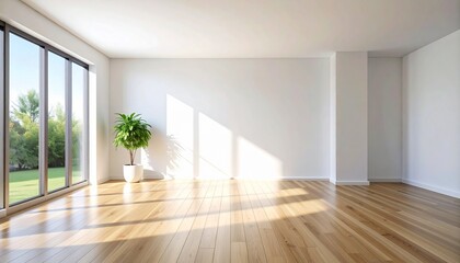 Obraz premium 木製の床と観葉植物、窓から差し込む光が爽やかなリビング