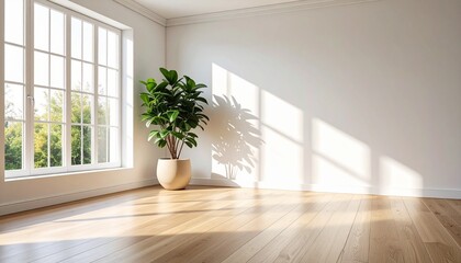 木製の床と観葉植物、窓から差し込む光が爽やかなリビング