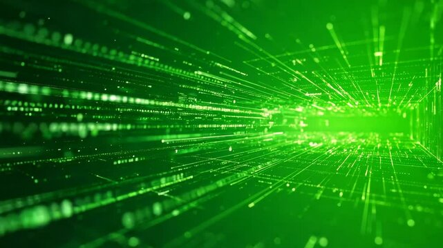 A mesmerizing, dynamic green data stream illustration representing the essence of digital information in high definition. Featuring a vibrant, abstract tunnel.
