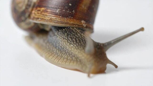 A snail with a striking spiral shell slowly gliding. showcases its textured body.