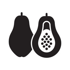 Solid glyph vector icon of a papaya fruit whole and sliced showing seeds representing a healthy tropical food and a sweet exotic dessert
