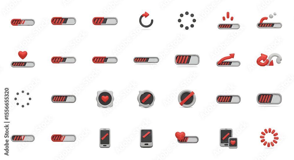 Poster vector icons set of collection of 3d red and grey loading progress bar icons. vector illustrations. 