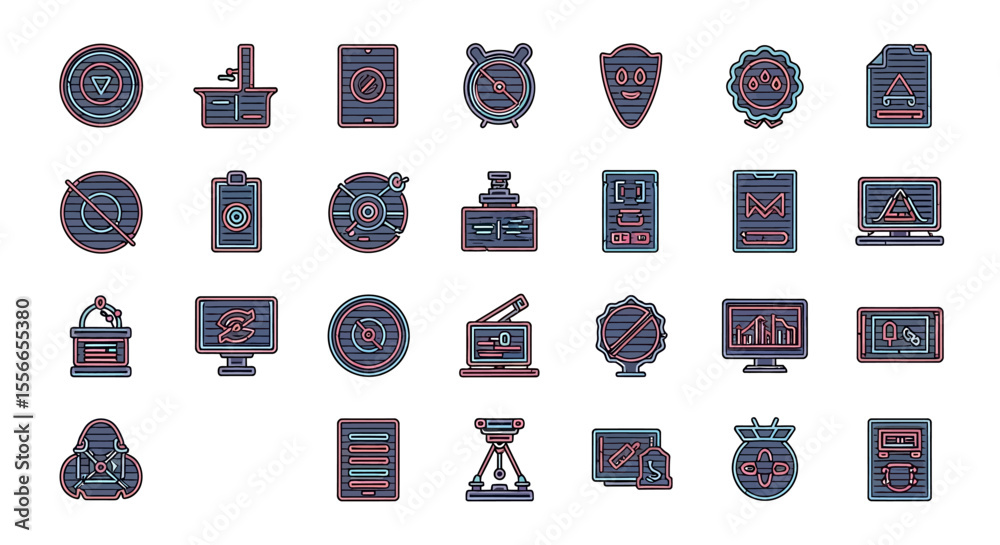 Fototapete Vector Icons Set of Collection of 30 Diverse NeonStyle Icons Technology Security and DataRelated Symbols. Vector Illustrations. EPS Editable