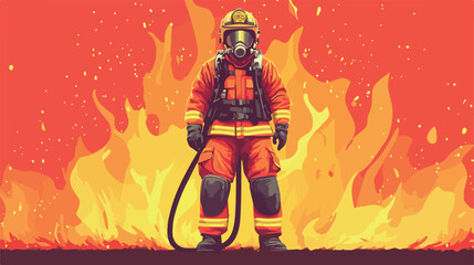 Professional Firefighter with Hose Flat Vector Illustration