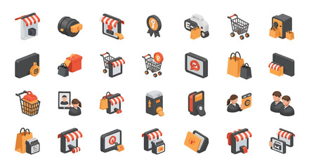 Vector Icons Set of Collection of 30 Isometric Ecommerce and Online Shopping Icons. Vector Illustrations. EPS Editable