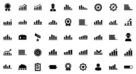 Vector Icons Set of Collection of Black Glyph Icons Bar Charts Progress Graphs Awards and User Symbols. Vector Illustrations. EPS Editable