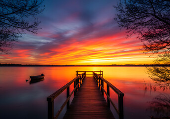 Vibrant Sunset Over a Calm Lake with Wooden Pier