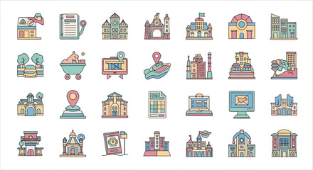 Fototapeta premium Vector Icons Set of Collection of Colorful Architectural and Urban Planning Icons with Outline Style. Vector Illustrations. EPS Editable