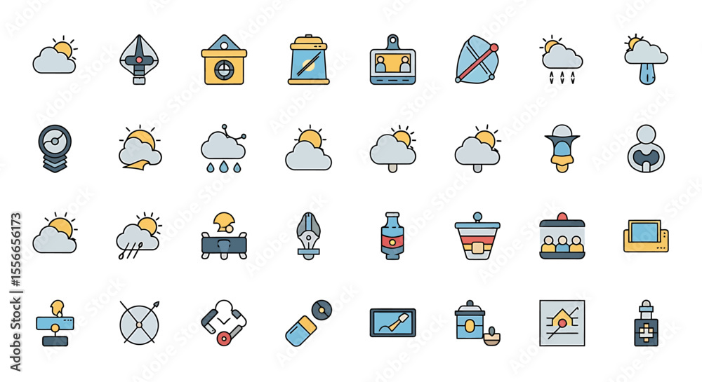 Poster vector icons set of collection of diverse colorful line icons weather objects and symbols. vector il